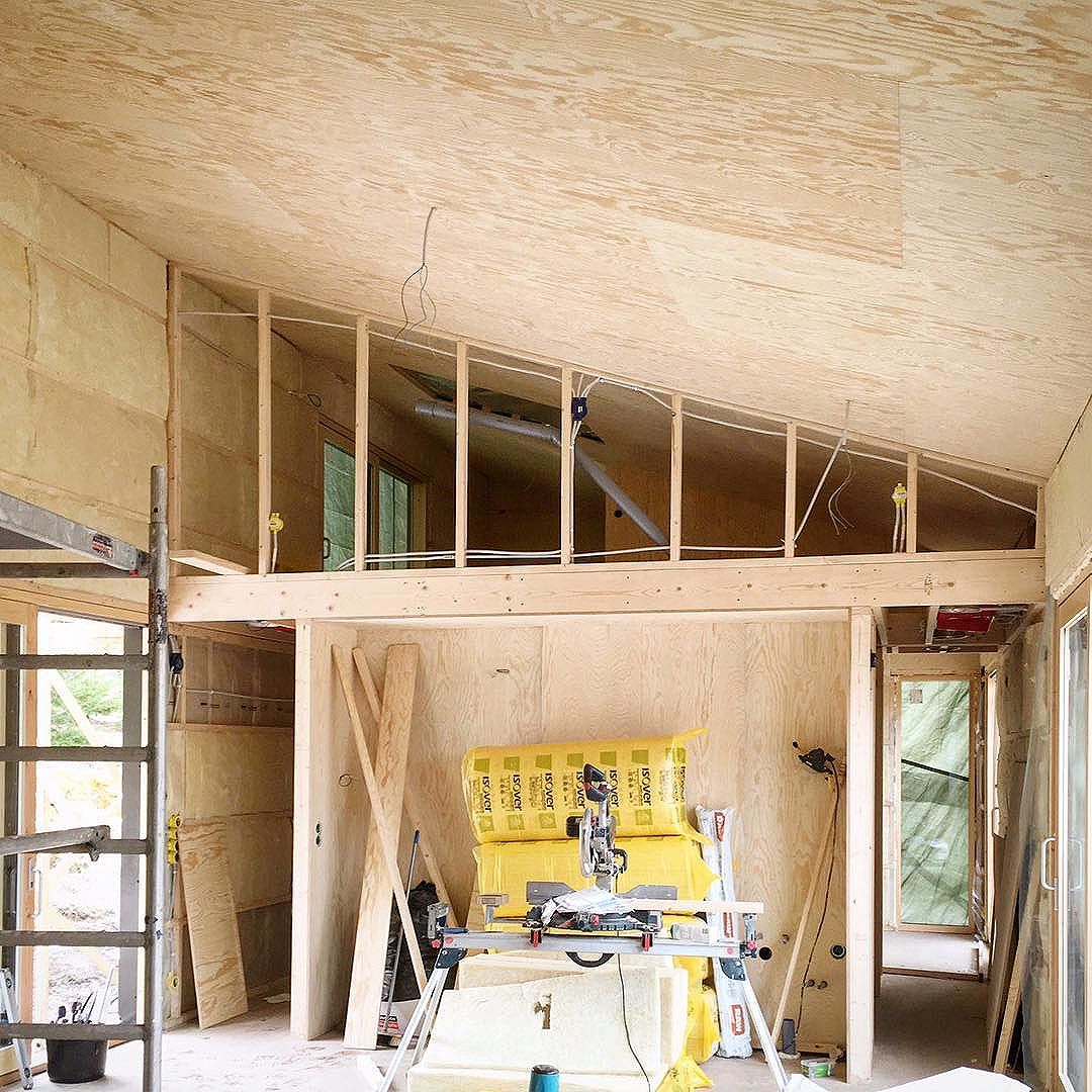 Pine plywood interior in a private summer house in Kungsdalen, south of Stockholm.